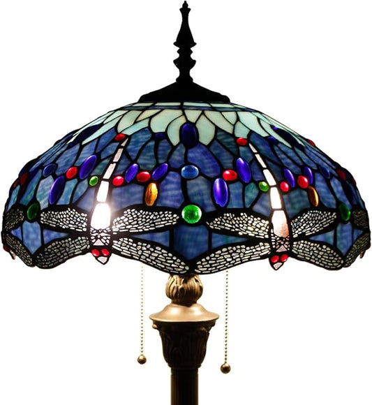 WERFACTORY Tiffany Floor Lamp Dragonfly Blue Stained Glass Standing Reading Light 16X16X64 Inches Antique Pole Corner Lamp Decor Bedroom Living Room Home Office S004 Series (B)