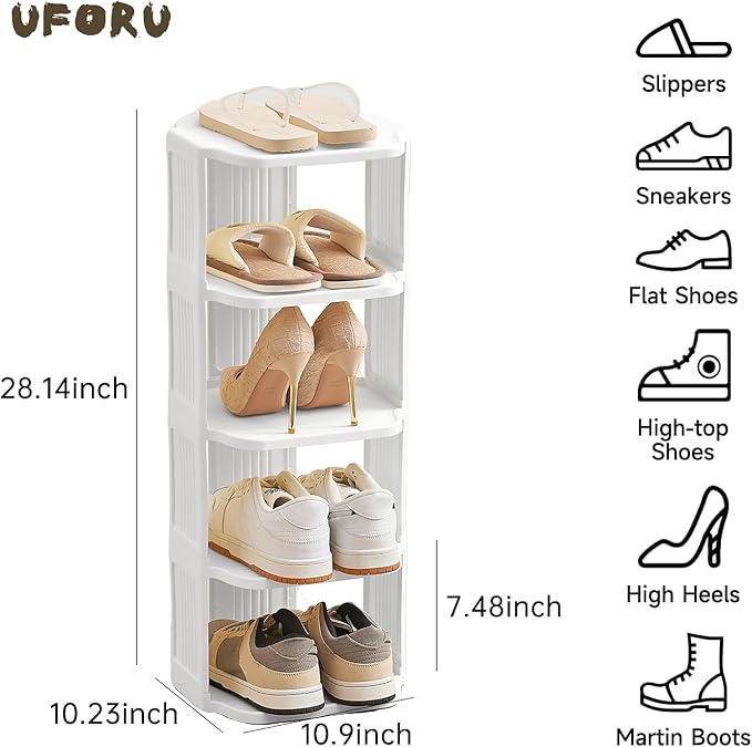 Small Shoe Rack, 5 Tier Plastic Vertical Shoe Rack for Small and Narrow Spaces, Free Standing Shoe Organizer for Closet, Entryway