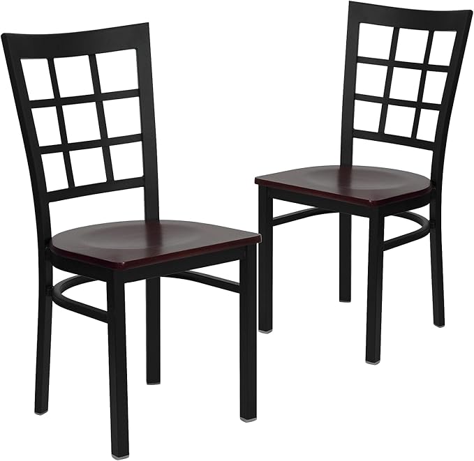 Flash Furniture 2 Pk. HERCULES Series Black Window Back Metal Restaurant Chair - Mahogany Wood Seat