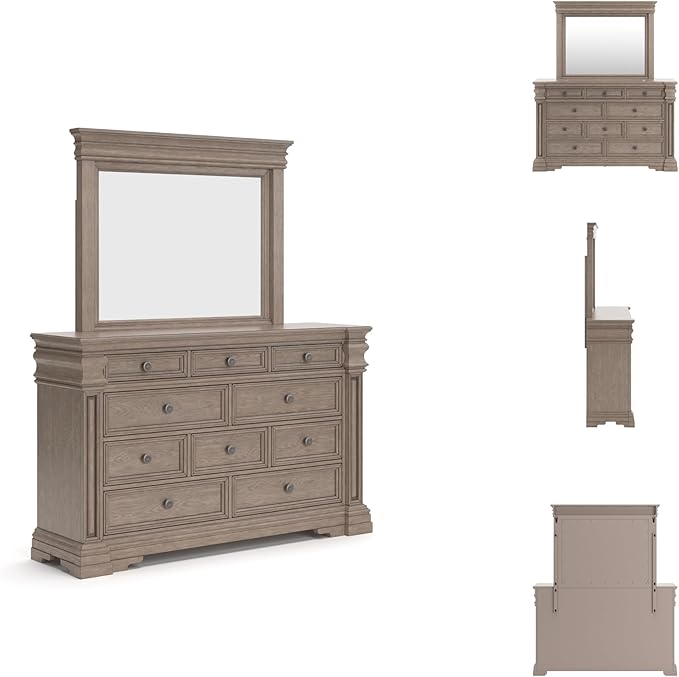 Signature Design by Ashley Blairhurst Traditional 10-Drawer Dresser and Mirror with Safety Stop, Felt-Lined Top Drawer and LED Lights, Light Brown