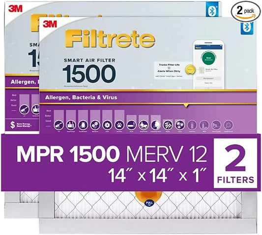 Filtrete 14x14x1 AC Furnace SMART Air Filter, MERV 12, MPR 1500, Track Filter Life With Bluetooth Enabled Sensor, CERTIFIED asthma & allergy friendly, 2-Pack (Actual Size 13.84x13.84x1.1 in)