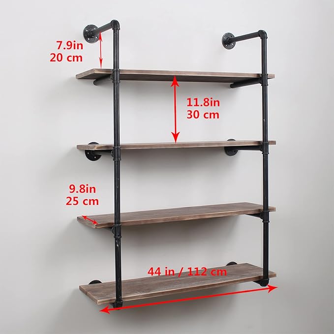 MBQQ Industrial Pipe Shelving Wall Mounted,44in Rustic Metal Floating Shelves,Steampunk Real Wood Book Shelves,Wall Shelf Unit Bookshelf Hanging Wall Shelves,Farmhouse Kitchen Bar Shelving(4 Tier)