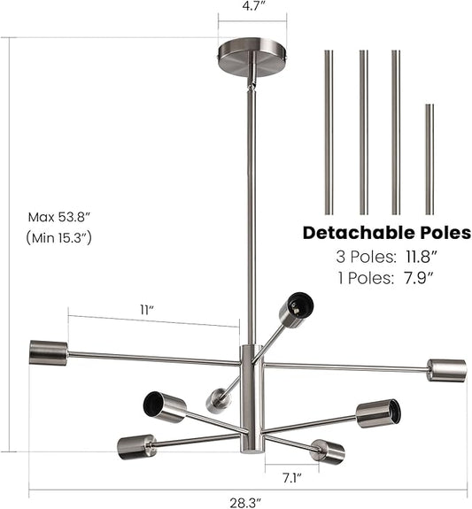 Modern Sputnik Chandeliers Light, 8 Lights Brushed Nickel Dining Room Chandelier Over Table, E26 Mid Century Ceiling Light Fixtures Height Adjustable Hanging Pendant Lighting for Entryway Foyer