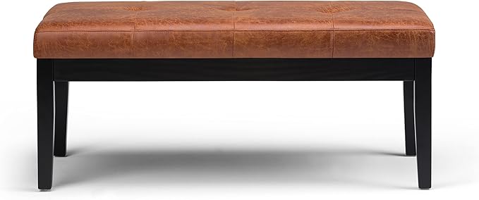 SIMPLIHOME Lacey Tufted Ottoman Bench - 41 inch Wide Upholstered Vegan Leather Rectangle Ottoman in Distressed Saddle Brown, Contemporary Bench for Bedroom or Entryway with Stitching Detail, Assembled