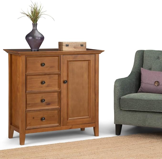 SIMPLIHOME Amherst SOLID WOOD 37 Inch Wide Transitional Medium Storage Cabinet in Light Golden Brown, with 4 Functional Drawers, 1 Door, 2 Adjustable Shelves