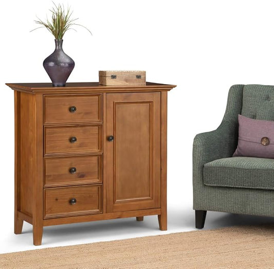 SIMPLIHOME Amherst SOLID WOOD 37 Inch Wide Transitional Medium Storage Cabinet in Light Golden Brown, with 4 Functional Drawers, 1 Door, 2 Adjustable Shelves