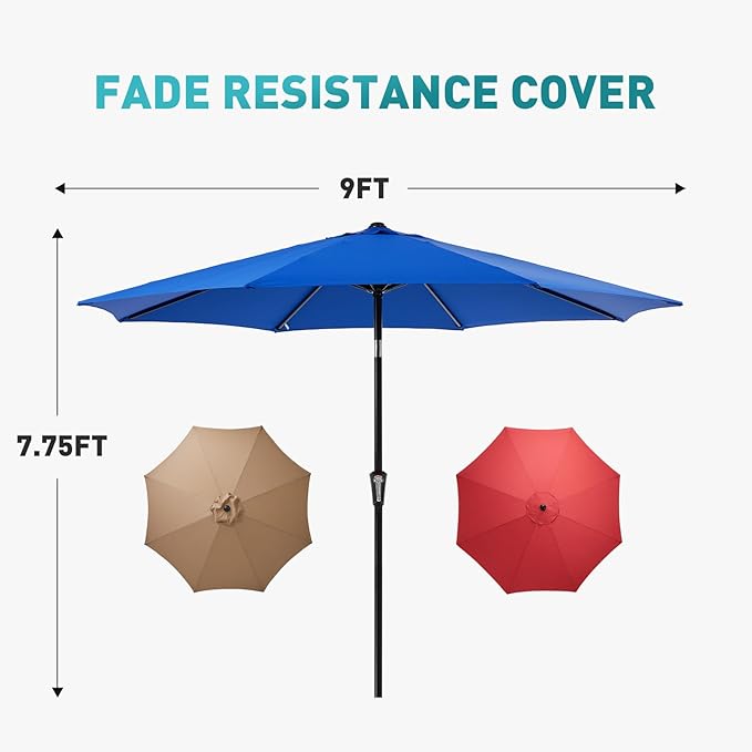 OLIXIS 9ft Patio Umbrella with Tilt and Crank Button & 8 Sturdy Ribs Waterproof, 9 Feet Patio Table Umbrella Perfect for Poolside, Terrace, Beach and Outdoor Restaurant, Blue