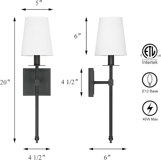 XiNBEi Lighting Black Wall Sconces Set of 2, Classic Sconces Wall Lighting with Flared White Fabric Shade 1 Light Wall Lamps for Bedroom Bedside Corridor & Living Room