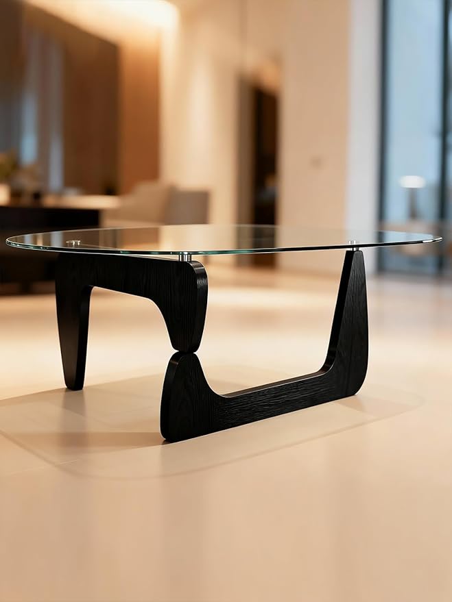 Morden Coffee Table,Glass Coffee Table with Natural Wood Legs,42.5" x 28.5" x 16" Triangle Tempered Glass Top for Living Room, Black