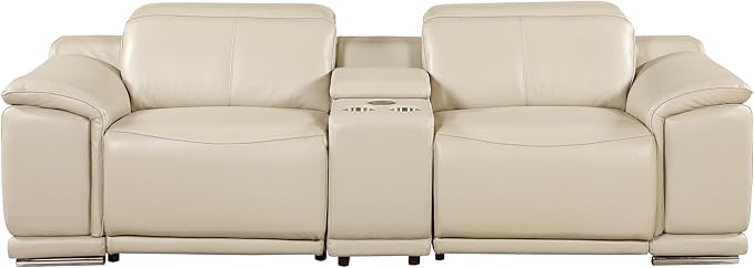 Blackjack Furniture Venice Top Grain Italian Leather Recliner 7 Seater 6 Power Reclining 3 Piece Sofa Set with Adjustable Headrests Modern Seating Sofa, Loveseat and Chair for Living Room , Beige