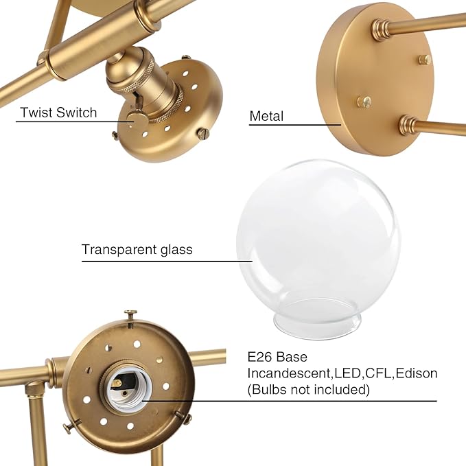 PERMO Bathroom Vanity Light Vintage 3 Light Wall Sconces with 5.9" Round Clear Glass Globe Shade (Antique Gold)