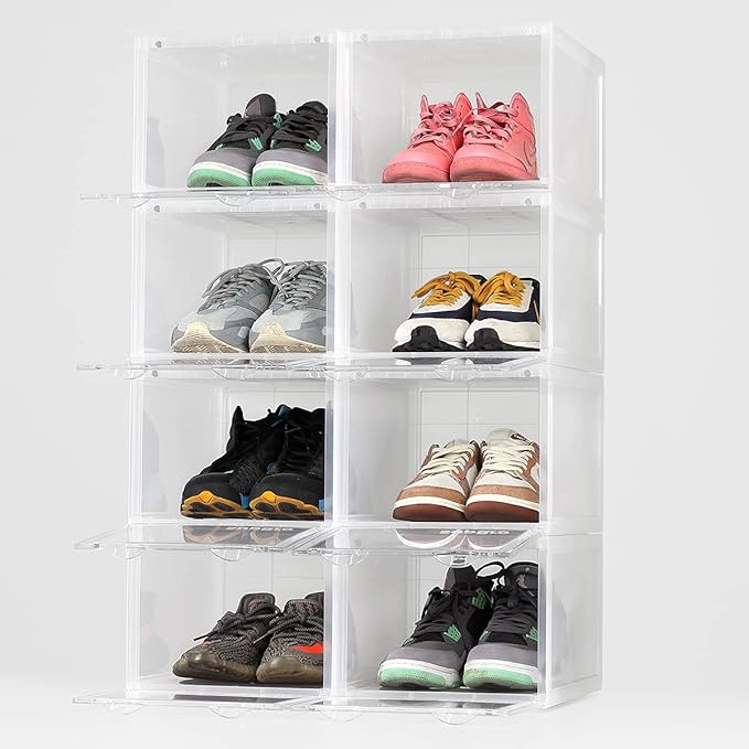 SupBro Collection Crate - Easy Access Storage Shoes Box -Plastic Foldable Stackable Sneaker Display Storage with Clear Front Door Organizer-8 Pack (Transparent)