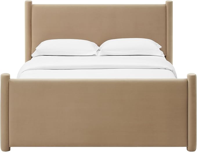 Modway Rael King Platform Bed Frame with Upholstered Headboard and Footboard in Taupe – Stain-Resistant Performance Velvet King Size Bed with Rounded Posts