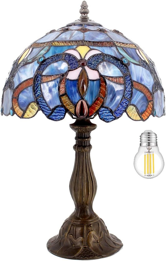 WERFACTORY Tiffany Lamp Blue Purple Stained Glass Style Table Lamp Reading Desk Light 12X12X18 Inches Decor Bedroom Living Room Home Office S558 Series