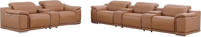 Blackjack Furniture Venice Top Grain Italian Leather Power Recline 8 Piece 5 Seater Sofa - 134" Theater Seating Modern Couch for Living Room Apartment with Adjustable Headrests & USB Port, Cognac