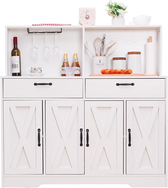 Sideboard Buffet Cabinet with Storage, 47'' Farmhouse Coffee Bar Cabinet, Kitchen Pantry Storage Cabinet with Doors and Shelves for Dining Room, Living Room, Kitchen, White