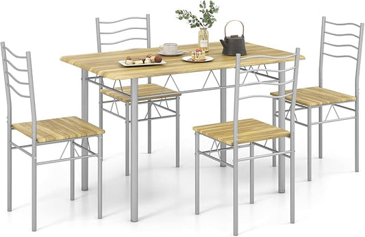COSTWAY Kitchen Table Chairs Set of 4, 5 Piece Metal Rectangular Dinette Set w/Non-Slip Pad, Space-Saving Design, Modern Dining Room Table Set for Small Place Breakfast Nook Restaurant (Light-Walnut)