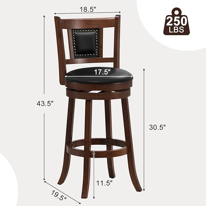 GOFLAME 30.5” Upholstered Bar Stools Set of 4, Swivel Bar Height Stools with Curved Backrest & Footrest, Solid Rubber Wood Barstools for Kitchen Island, Bar Counter, Cafe, Dining Room