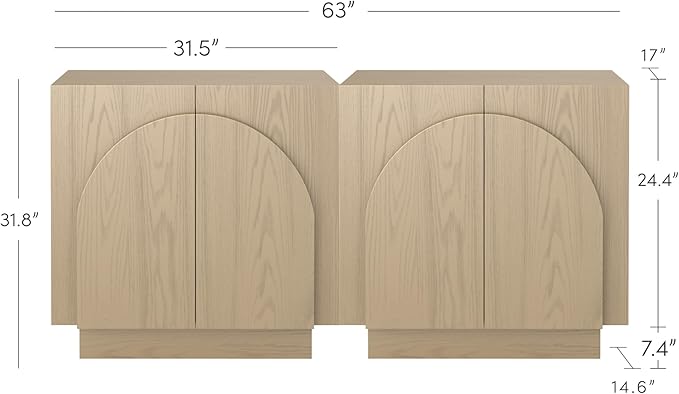 Nathan James Iris Mid-Century Modern Credenza, Light Brown TV Stand, Living Room Wood Storage Cabinet with Arched Cabinet Doors, White Oak, Set of 2