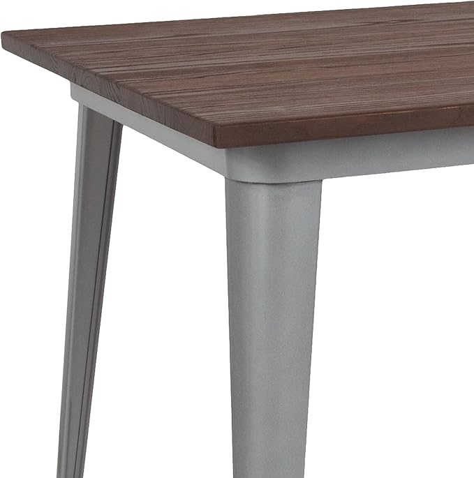 Flash Furniture Kenneth 30.25" x 60" Rectangular Silver Metal Indoor Table with Walnut Rustic Wood Top