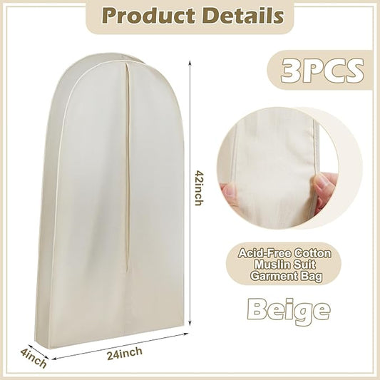 3 Pcs 42 Inch Acid Free Cotton Muslin Suit Garment Bag Long Dress Suit Storage Box Closet Organizer for Suits, Coats, Travel Bag