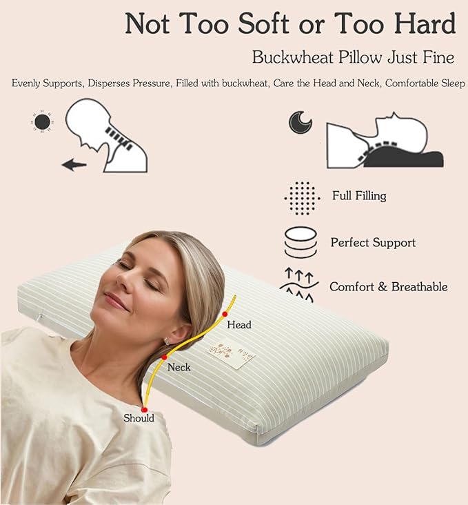 Buckwheat Cervical Neck Pillow, Buckwheat Hulls Pillows for Sleeping Neck Pain Relief Adjustable Filling Firm Neck Support for Side Sleepers, Khaki 19"X11"