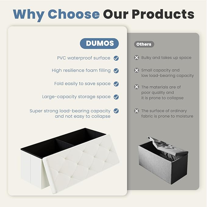DUMOS 43 Inches Folding Ottoman with Storage Bench, Foot Rest Stool, End of Bed Storage Bench Upholstered, Load 660 lbs, for Living Room, Synthetic Leather, Beige