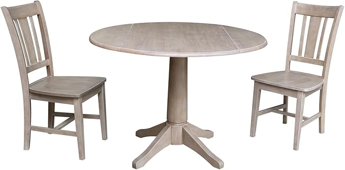 International Concepts 42" Round Top Pedestal 2 Chairs Dining Table, Washed Gray Taupe