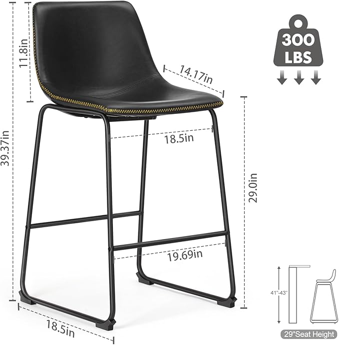 Sweetcrispy Counter Height Bar Stools Set of 4, 30 inch Leather Barstools Modern Bar Stools with Back, Counter Stool Armless Bar Chairs with Metal Legs, Footrest, Classic Black