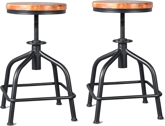 Topower Farmhouse Kitchen Stool, Industrial Counter Stool, Kitchen Deco Round Seat Standard Height Adjustable Swivel Bar Stools Indoor House Design Wood Seat Black Set of 2