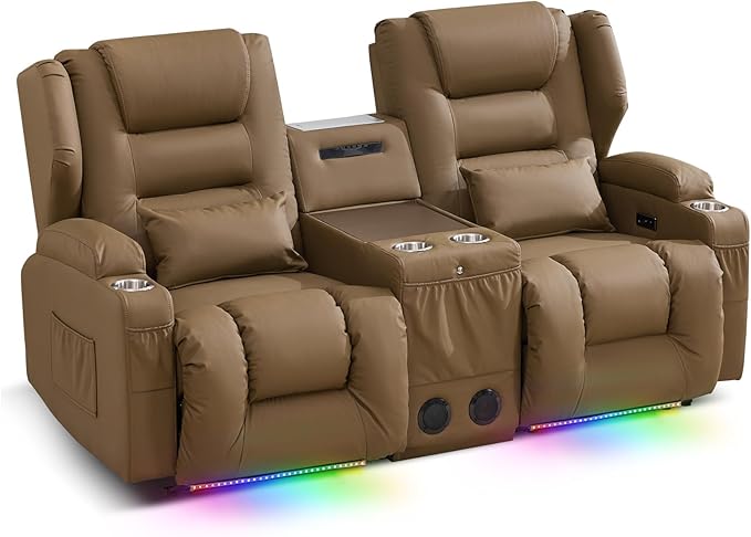 SAMERY Loveseat Recliner Sofa, Power Reclining Loveseat Sofa, Wall Hugger Recliners RV Couch with Console, Lift-Top Table, Rhythm & Ambient LED Lights, USB-C, Outlets, Faux Leather, Khaki | Extra Wide Seat, Plush Padding, Dual Power Recline, Lift-Up Ta...