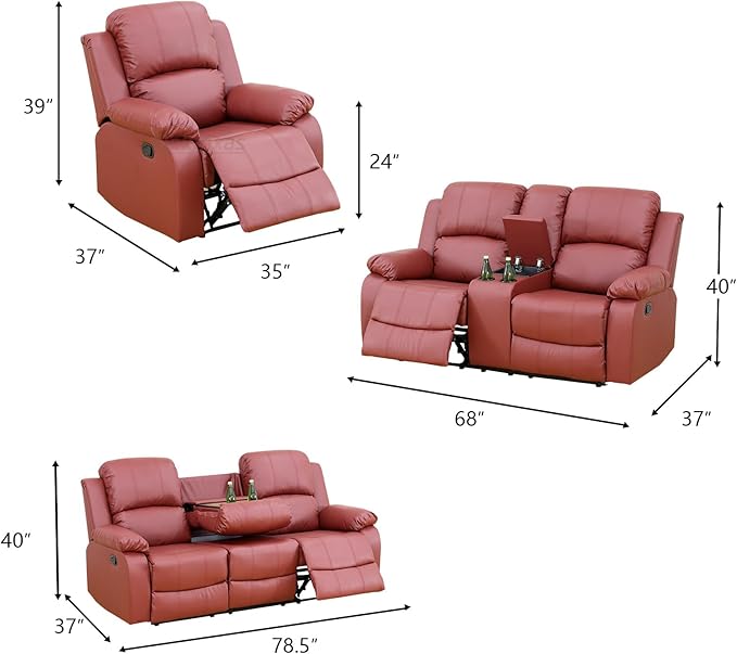 Bonded Leather Reclining Sofa Couch Modern Manual Recliner Sofa Living Room Furniture 3 Seater Reclining Sofa with Cup Holders & Drop-Down Table for Home/Office/Rv Car (Red, 3 Seater Sofa)
