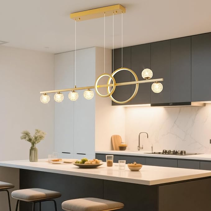 Modern Gold Chandeliers for Dining Room, 47in Dimmable LED Chandelier Linear Gold Pendant Light for Kitchen Island, Upgraded 6 Globe Hanging Pendant Chandelier Lighting (2 Rings, 4200lm)