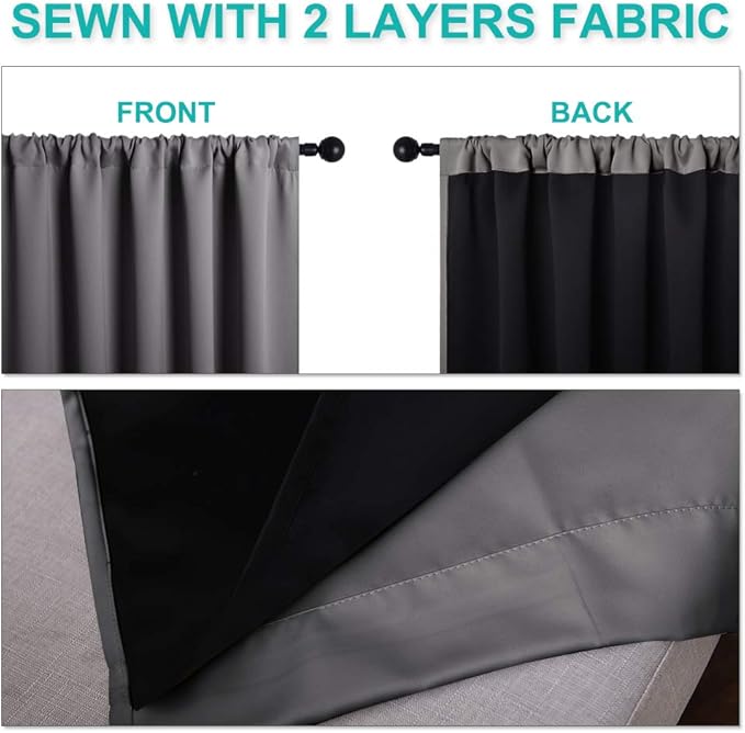 NICETOWN Grey Kitchen 100% Blackout Curtains 48 inches Long, Rod Pocket Basement Completely Blackout Window Treatment Thermal Insulated Lined Drapes for Small Window (1 Pair, 37" Width Each Panel)