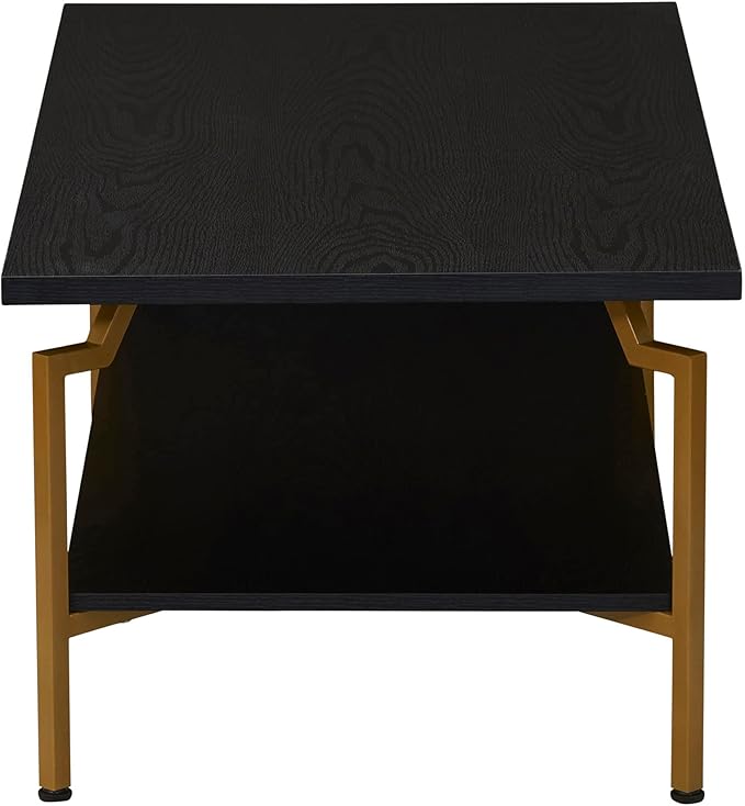 Household Essentials Crown Rectangular Coffee Table with Storage Shelf Black Oak Wood Grain and Gold Metal