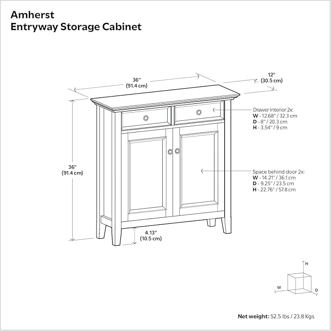 SIMPLIHOME Amherst 36-inch Wide Transitional-Style Storage Cabinet in Hickory Brown with Drawers and Adjustable Shelves for Entryway or Living Room