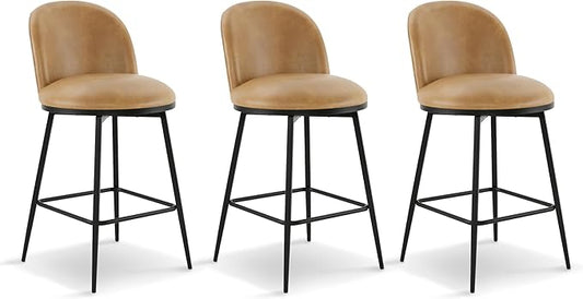 Swivel Bar Stools Set of 3, 26" H Upholstered Faux Leather Barstools with Backs,Counter Height Stools with Metal Legs for Kitchen Island,Brown,1 Box