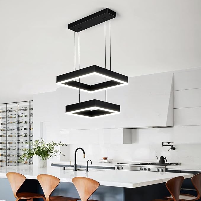Modern 2 Ring Dimmable Square Black Chandelier with Adjustable Pendant for Dining, Bedroom, Living Room