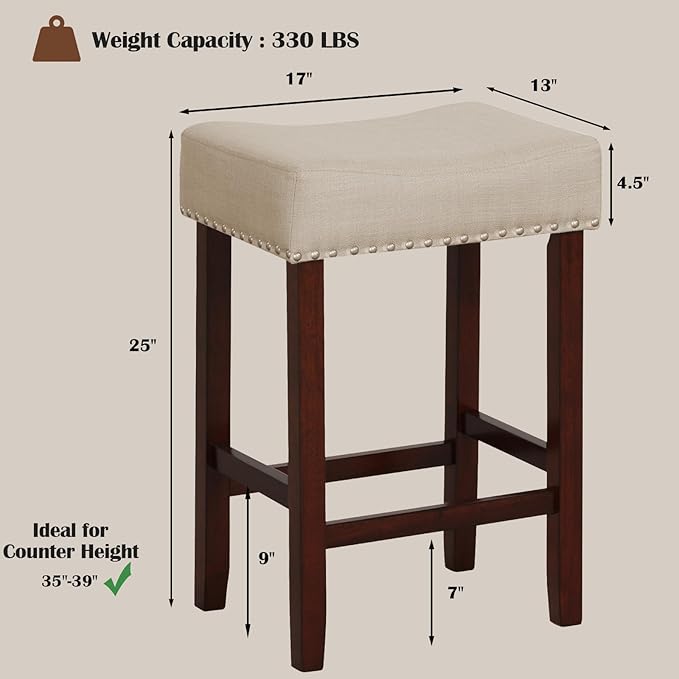 ERGOMASTER Bar Stools, 24 Inch Modern Saddle Stools, Rubber Wood, Khaki/Brown, Set of 2