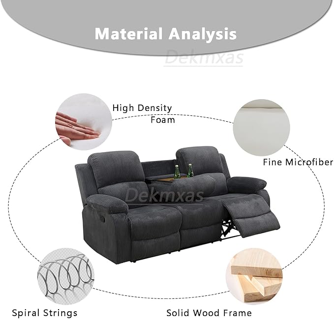 Modern Manual Reclining Sofa 3 Seater Fabric Recliner Couch Living Room Couch with Dual Cup Holders and Drop Down Table for Living Room/Office/Rv Car (Grey, 3 Seater Sofa)