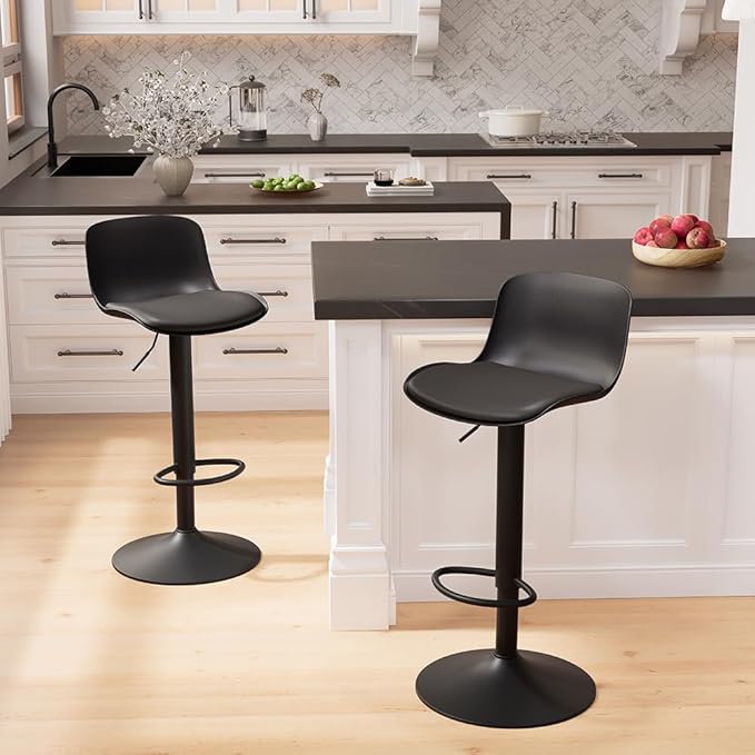 Kidol & Shellder Bar Stools Set of 4 Adjustable Swivel Counter Height Stools, Modern PU Leather Upholstered with Back Solid Color Barstools for Kitchen Island Black