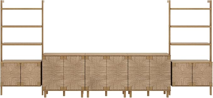 Nathan James Beacon Bohemian TV Stand, TV Wall Unit with Shelves and Accent Storage Cabinet with Solid Wood Legs and Seagrass Door Fronts, Light Brown