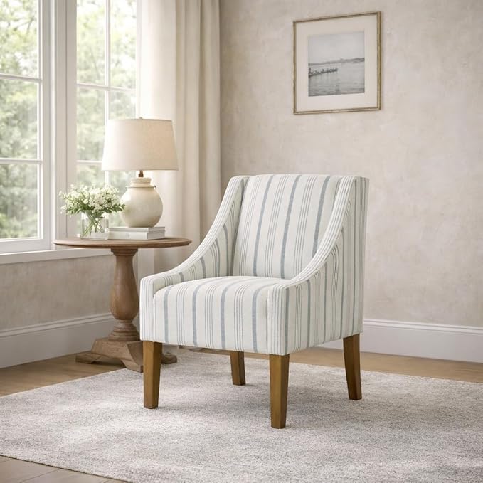 Homepop Home Decor Upholstered Classic Swoop Arm Accent Chair Accent Chairs for Living Room & Bedroom Decorative Home Furniture, Ivory & Gray Stripe
