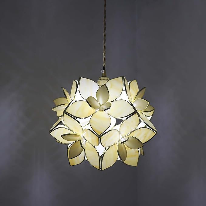 Bieye L11034 Petals Tiffany Style Stained Glass Ceiling Pendant Light for Home Decoration (Cream White, 12" Rose Lily)