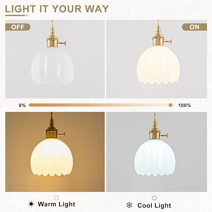 2 Pack Plug in Pendant Light Fixtures, Hanging Light Fixture Vintage Glass Pendant Light, Mini Milk White Tulip Hanging Lamp, Pendant Lighting for Kitchen Island, Bedroom, Dining Room, Living Room