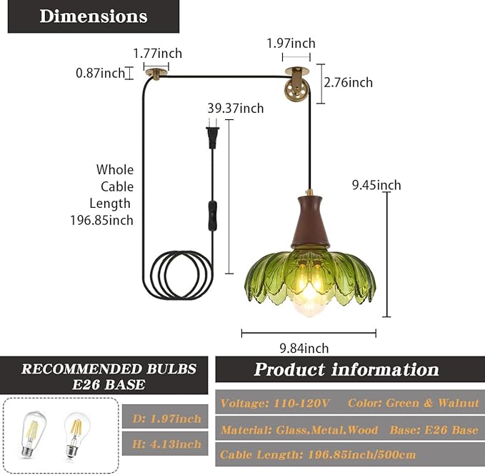 YLONG-ZS Vintage Plug in Pendant Light, Boho Hanging Lamp Plug in Pulley Green Glass Pendant Lamp, Modern Walnut Color Wood Hanging Light for Kitchen Island, Bedroom, Dining Room, Living Room