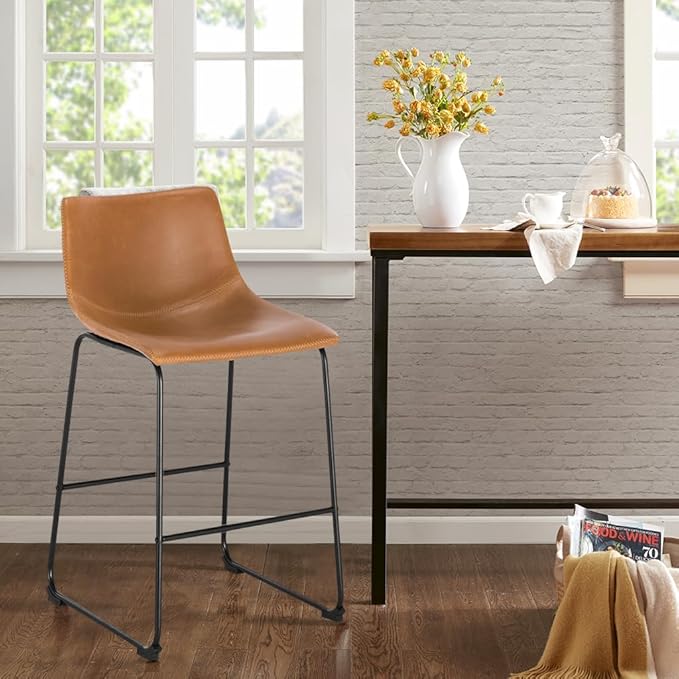 POLY & BARK Brinley Counter Stool Set of 3, Modern Armless Counter-Height Stools with Gently Curved Backrest and Wood Legs, Tan Faux Leather, for Kitchen Island or Breakfast Bar, 24" seat height