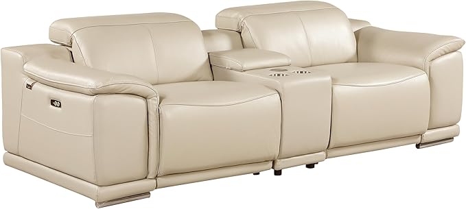 Blackjack Furniture Venice Top Grain Italian Leather Power Recline 6 Piece 5 Seater Sofa - 107" Theater Seating Modern Couch for Living Room Apartment with Adjustable Headrests & USB Port, Beige