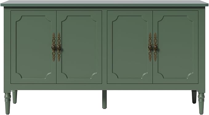 Console Table, 58'' Mid Century Modern Pantry Cabinet, Wood Buffet Sideboard, Media Credenza with 4 Doors, Accent Storage for Entryway, Living Room, Bedroom, Dining Room(Green1)
