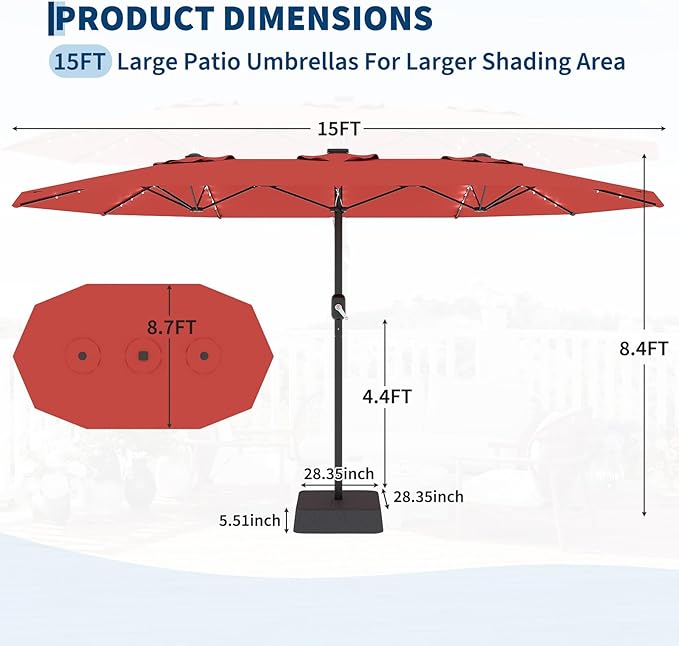 GarveeLife 15 FT Patio Umbrella with Base Included, Patio Table Umbrella with solar lights, 10 Sturdy Ribs UV Protection Waterproof for Garden, Pool, Deck, Backyard (Red)